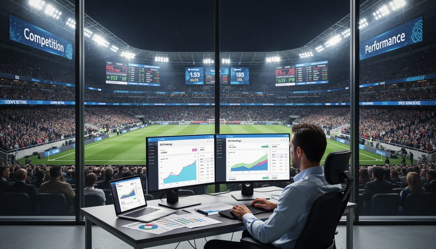 Stadium scoreboard and lights against dramatic twilight sky representing competitive sports betting market
