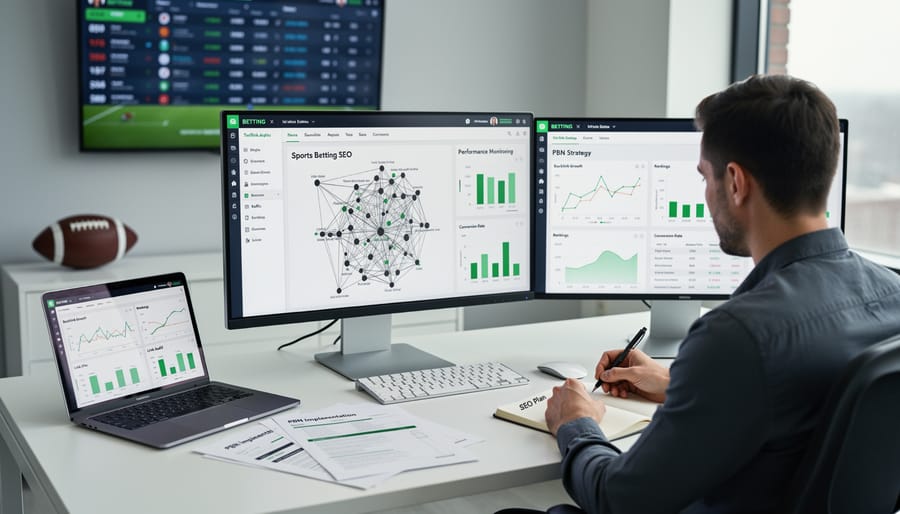 Laptop showing analytics dashboard on wooden desk representing strategic SEO monitoring