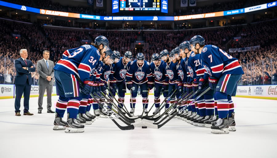 Windsor Spitfires hockey players celebrating together on ice in team huddle