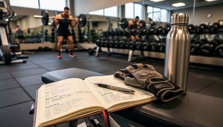 Athlete’s training journal open on a gym bench with a pen and stopwatch nearby