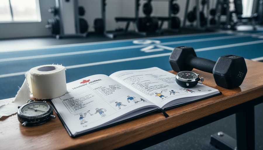 Open athletic training journal on a bench next to a stopwatch and dumbbell in an indoor training facility.