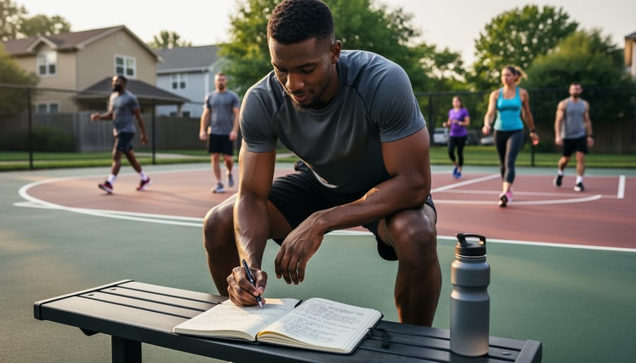 Runner stretching near an outdoor track with training gear and a wrist device on a bench nearby