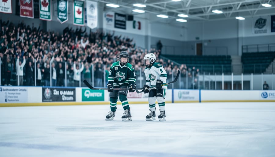 Ice rink scene in a community junior hockey arena with players near the boards and fans blurred in the background, highlighting the energy of local home games.