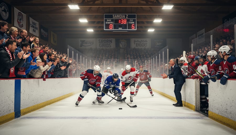 Spectators and hockey players in a community junior arena with the ice sharply in focus