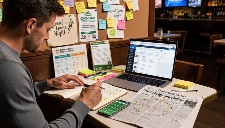 Sports bettor reviewing blank sheets at a kitchen table near a window with a stadium view at dusk