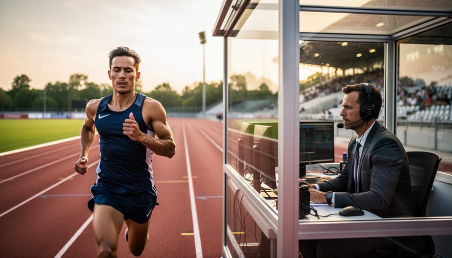 Athlete sprinting on a track at sunrise with a determined expression