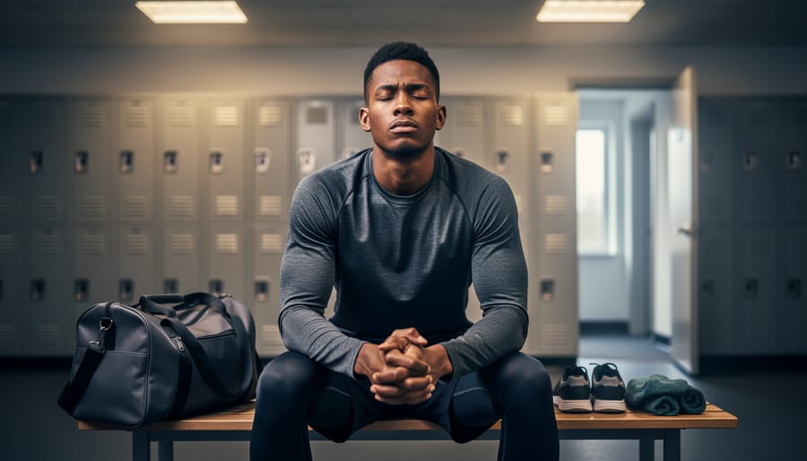 Athlete sitting in a sports arena tying shoelaces, representing mental preparation in sports.