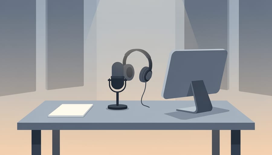 Headphones and blank notepad on a studio desk under warm lamp light