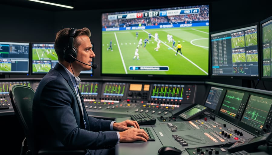 Sports broadcaster in a studio control room speaking into a microphone with headphones on
