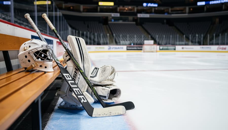 Goaltending equipment resting on ice in an empty NHL rink, suggesting Canucks injury and depth concerns