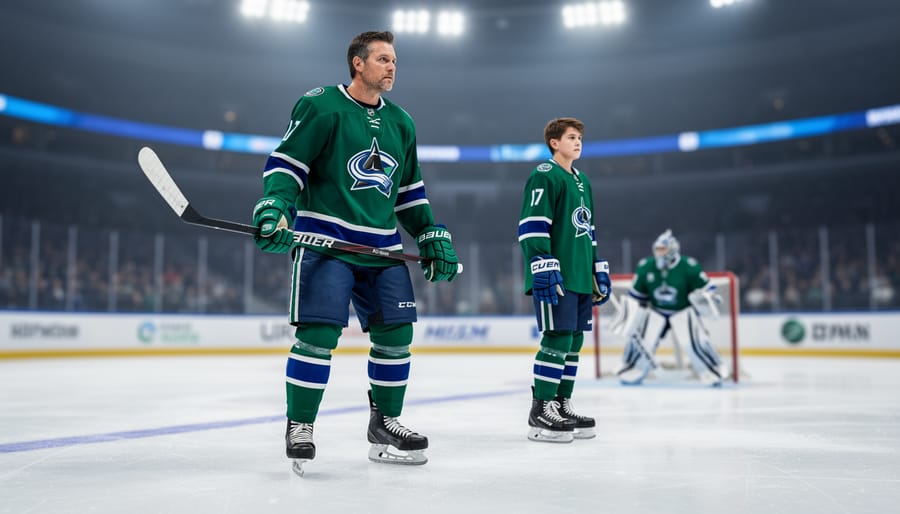 Luke Schenn and Tom Willander in Vancouver Canucks jerseys standing on the ice near the blue line, with a goaltender silhouette in the background at an arena.