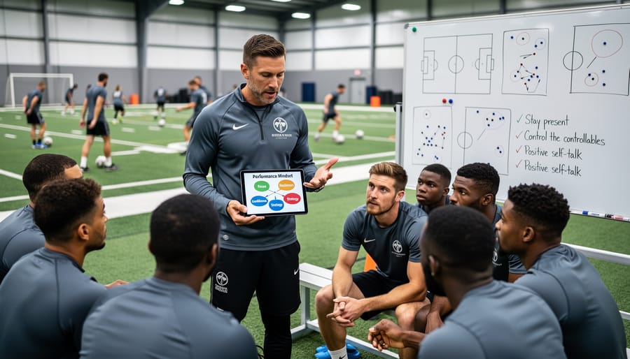 Coach supervising athletes during an indoor practice session with bright training equipment in view.