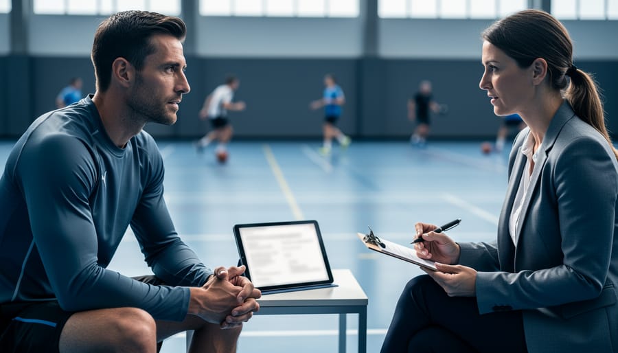 “Sports psychology practitioner and coach in a gym consultation scene with a clipboard and blurred tablet notes, representing choosing the right certification pathway.”