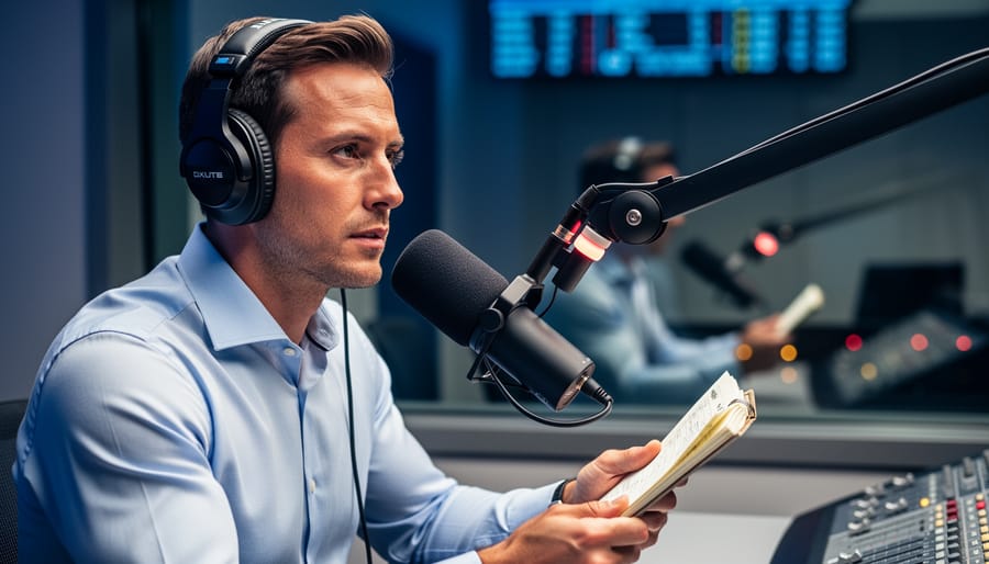 Sports broadcaster in a radio studio wearing headphones, speaking into a microphone with a composed, focused expression while a blurred control room sits behind them.