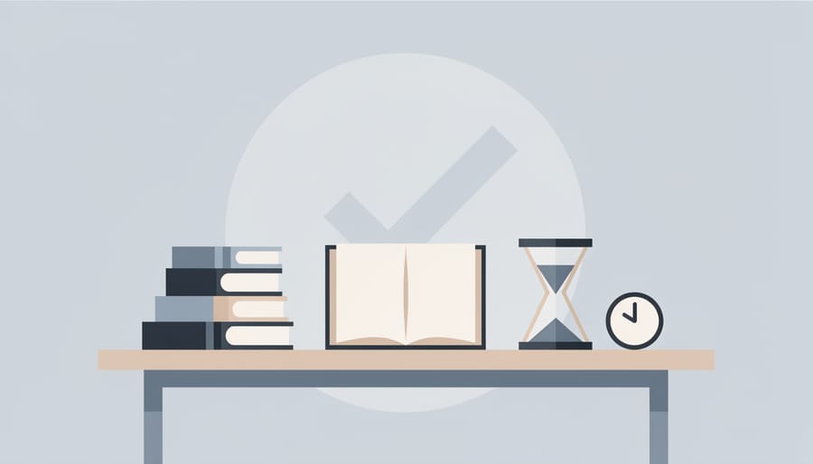 Top-down view of an open book, pen, and coffee on a desk indicating focused study preparation.