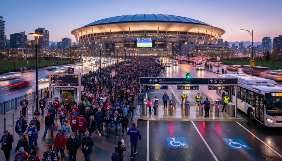BC Place stadium exterior at dusk with people walking toward the illuminated entrance