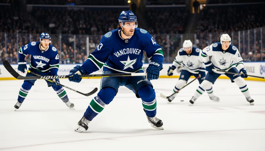 NHL-style defenseman reaching for the puck on the ice near the blue line in an arena