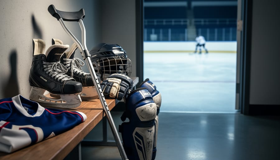 Hockey goalie mask and skates resting on an ice rink bench with empty stands blurred behind