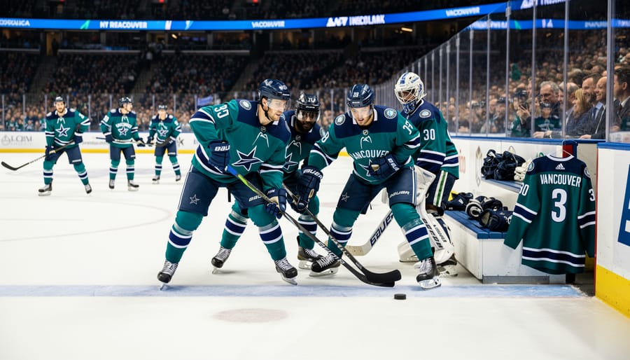 Ice hockey players warming up on the rink with an empty bench area suggesting a star’s absence