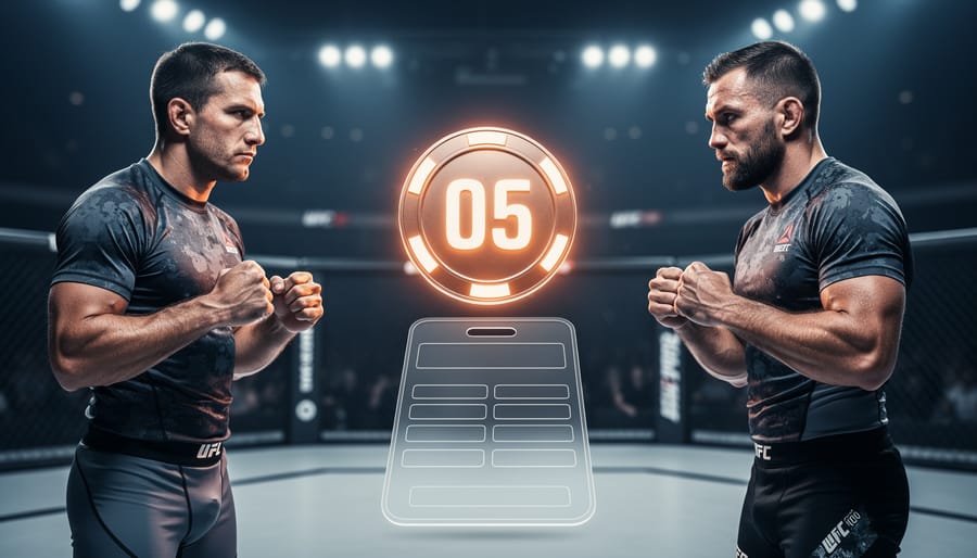 Two MMA fighters facing off in a dim arena while an abstract, glowing odds-style token and betting slip shapes blur in the background.
