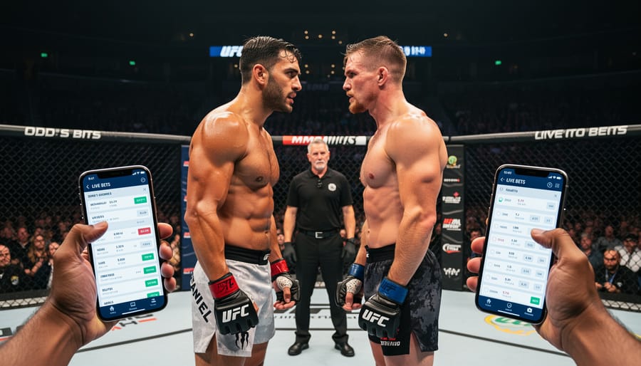 Two MMA fighters face off inside a lit arena before a bout.