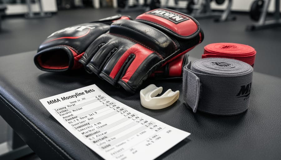 MMA gloves and a betting slip resting on a table under arena lights.