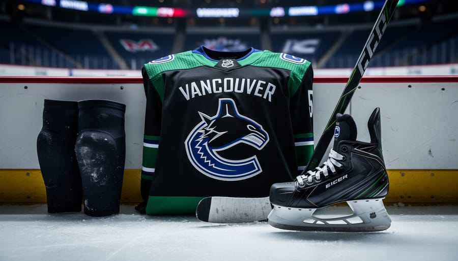 Still life of Vancouver Canucks hockey gear on an ice rink, including a folded jersey and hockey stick, with a subtle injury-recovery theme suggesting Hughes is day-to-day.