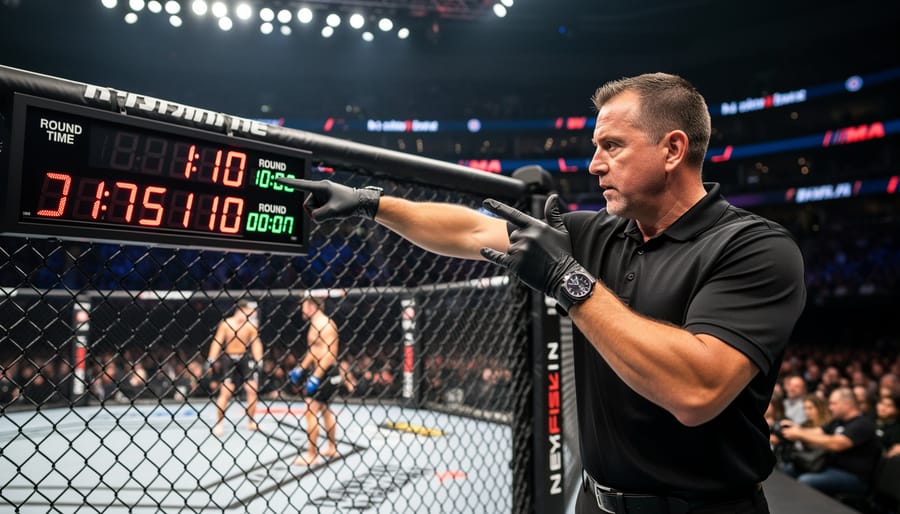 Referee near the MMA octagon with an out-of-focus timer in the foreground.