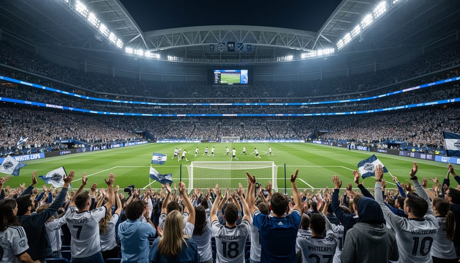 Crowd cheering at BC Place Stadium during a Vancouver Whitecaps MLS soccer match with the pitch under bright lights.