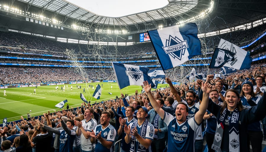 Whitecaps fan cheering in the stands at BC Place while holding a scarf and support item