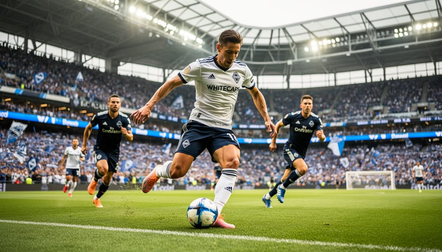 Low-angle action shot of Vancouver Whitecaps players sprinting on the BC Place pitch under stadium lights