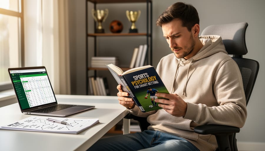 Person reading a sports psychology book with pen in hand in a quiet sports arena