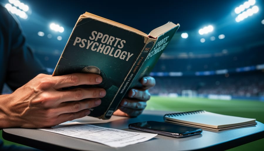 Close-up of a person’s hands reading a sports psychology book with a betting slip and notes on a desk, with a blurred stadium background at night.