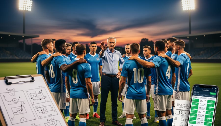 Team huddle on a sports field at dusk with stadium lights in the blurred background